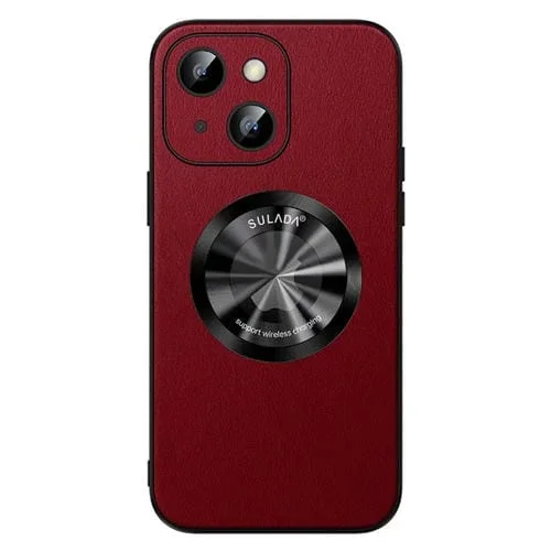 Funda de Teléfono Sulada para iPhone 14 Magnética Magsafe de Cuero de Microfibra (Rojo)
