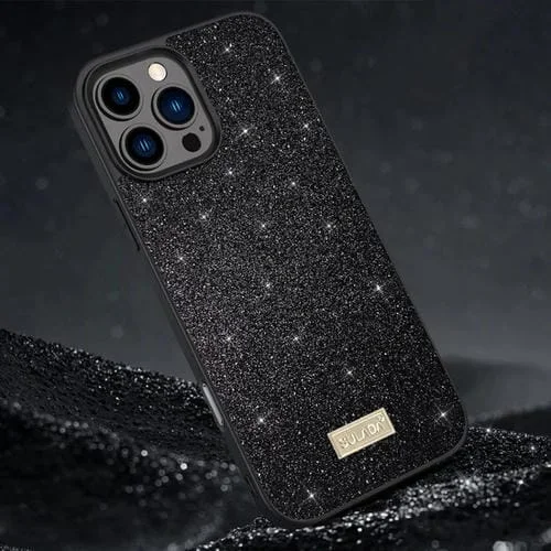 Funda de Teléfono Sulada para iPhone 16 Pro Max Cuero Híbrido TPU y PC con Purpurina (Negro)