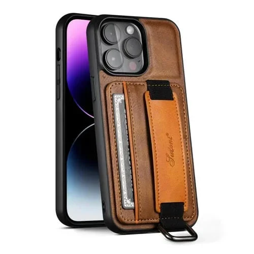Funda de Teléfono Suteni H13 para iPhone 14 Tarjeta Monedero Correa de Muñeca (Marrón)