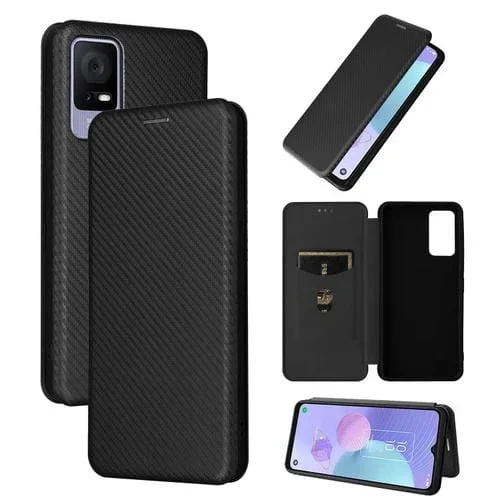 Funda de Teléfono TCL 408 con Tapa de Cuero y Textura de Fibra de Carbono (Negro)