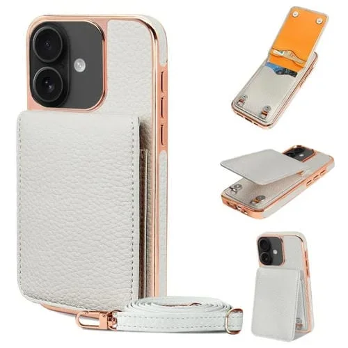 Funda de Teléfono Tipo Billetera Vietao Textura de Lichi Cordón de PU para iPhone 16 (Blanca)