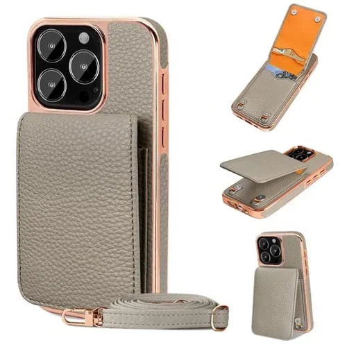Funda de Teléfono Tipo Billetera Vietao Textura de Lichi Cordón de Pu para iPhone 16 Pro (Gris)