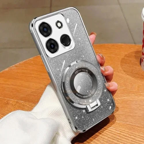 Funda de Teléfono TPU con Soporte Redondo y Purpurina para Tecno Pop 7 Pro/Pop 7 (Plateada)