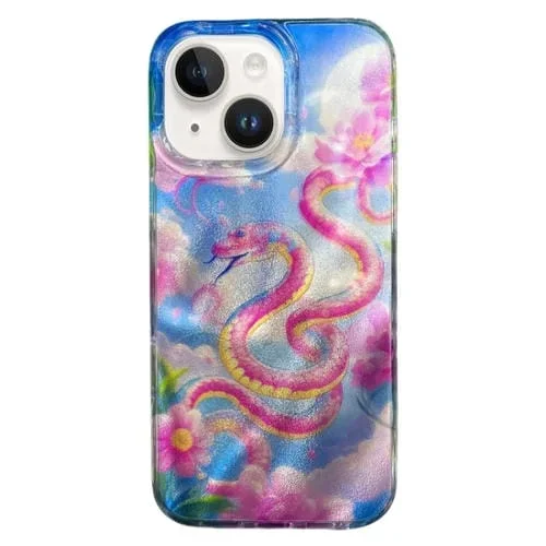 Funda de Teléfono TPU Doble Capa iPhone 14 Patrón Imd Serpiente Roja Flores Chinas