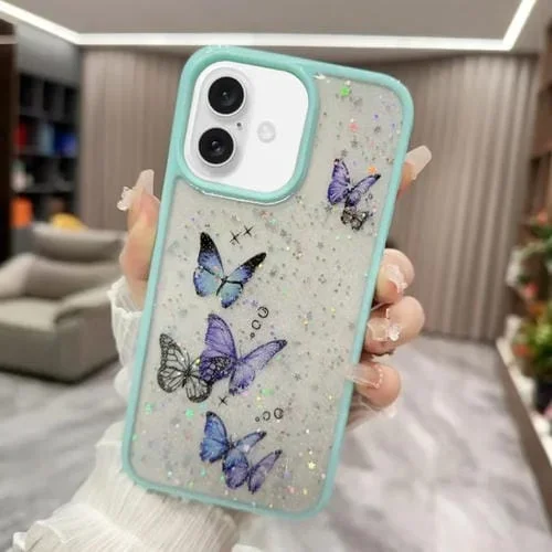 Funda de Teléfono TPU Epoxi Purpurina Mariposas para iPhone 16 Plus (Verde)