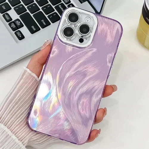 Funda de Teléfono TPU iPhone 16 Pro Max Textura Brillante Revestimiento Película Lente (Hilo de Plumas Morado)