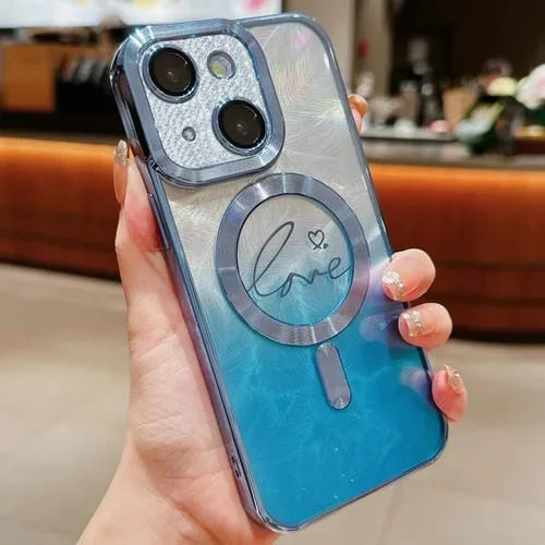 Funda de Teléfono TPU Magsafe Dual-Love con Purpurina y Degradado de Plumas para iPhone 13 (Azul)