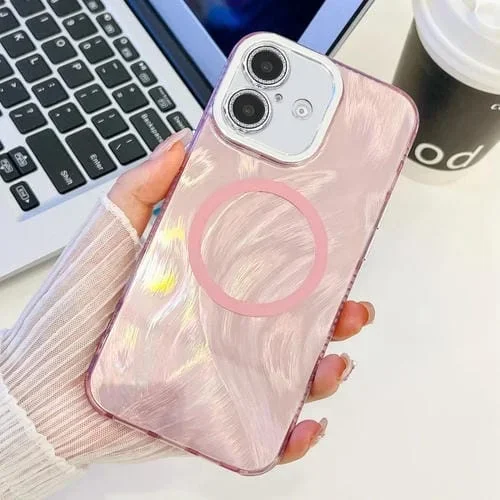Funda de Teléfono TPU Magsafe para iPhone 16 con Textura Enchapada y Película de Lente (Hilo de Plumas Rosa)