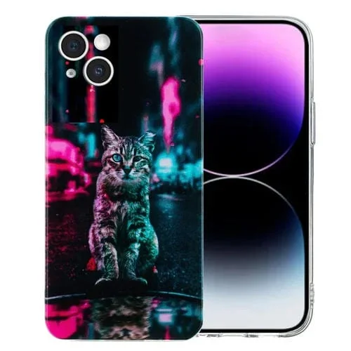 Funda de Teléfono TPU para iPhone 14 con Patrón de Pintura Colorida Gato Semáforo