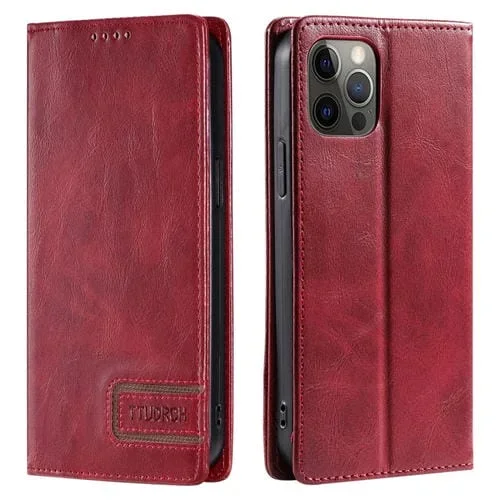 Funda de teléfono Ttudrch para iPhone 12 Pro Max Rfid cuero magnético textura retro (Rojo)