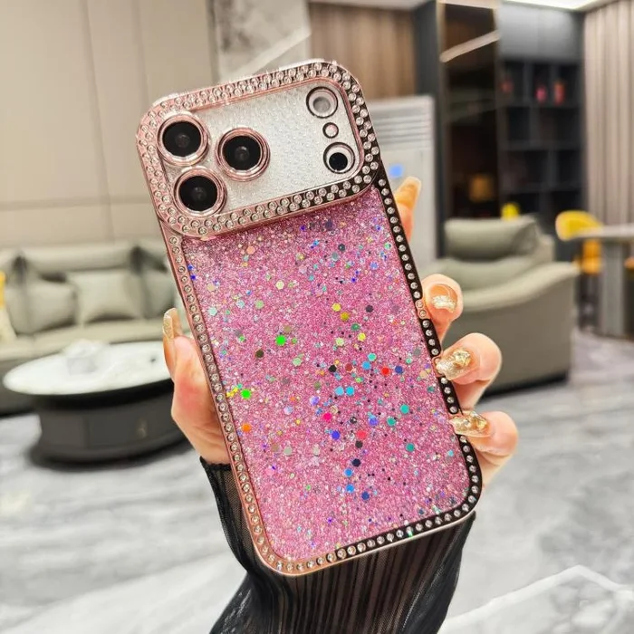 Funda de TPU con lentejuelas y diamantes para iPhone 17 Pro (rosa)