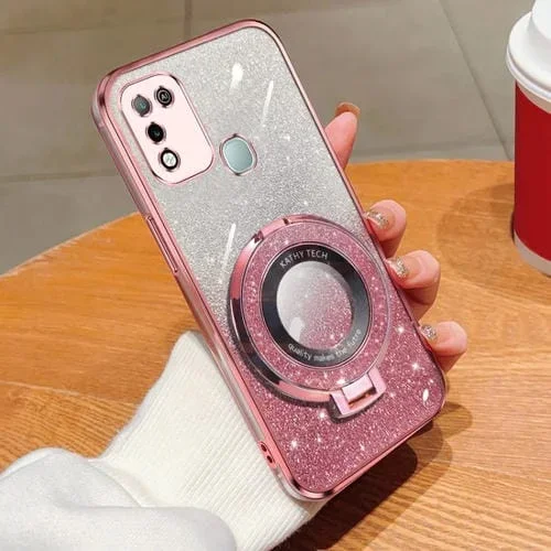 Funda de TPU para Infinix Hot 10 Play con Soporte Redondo y Purpurina Degradada (Rosa)