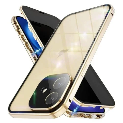 Funda de vidrio templado doble cara con imán antiespionaje para iPhone 16 Plus (Dorado)