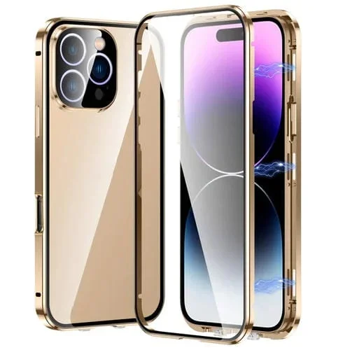 Funda de Vidrio Templado HD para iPhone 16 Pro con Doble Hebilla Magnética (Dorada)