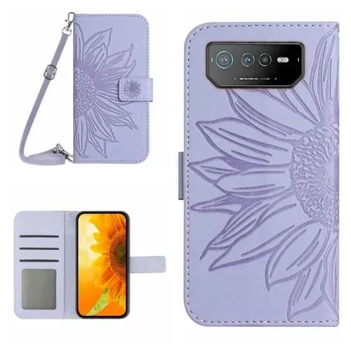 Funda Flip de Cuero Asus Rog Phone 6 Pro Skin Feel con Cordón y Patrón Sun Flower (Púrpura)