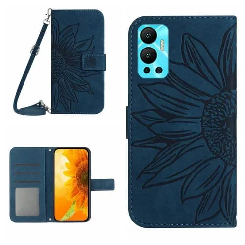 Funda Flip de Cuero para Infinix Hot 12 con Cordón y Diseño Sun Flower (Azul Tinta)