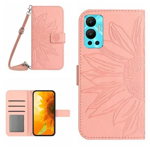 Funda Flip de Cuero para Infinix Hot 12 con Cordón y Diseño Sun Flower (Rosa)