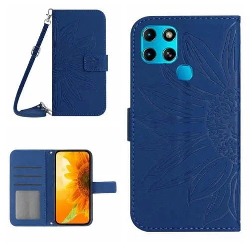 Funda Flip de Cuero para Infinix Smart 6 con Cordón y Diseño Sun Flower (Azul Oscuro)