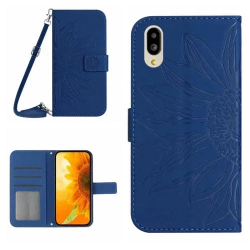 Funda Flip de Cuero para Sharp Simple Sumaho 6 con Cordón y Diseño Sun Flower (Azul Oscuro)