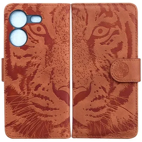 Funda Flip de Cuero para Tecno Pova 5 Tiger con Patrón Embossing (Marrón)