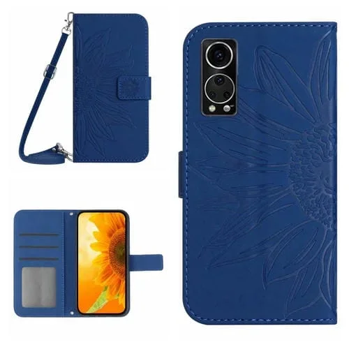 Funda Flip de Cuero para ZTE Axon 30 5G con Cordón y Patrón Girasol (Azul Oscuro)