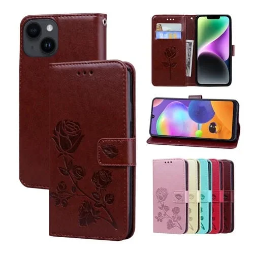 Funda Flip de Cuero PU para iPhone 14 Rose En Relieve (Marrón)