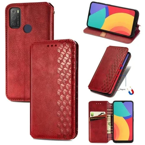 Funda Flip Magnética Alcatel 1S 2021 Rejilla Cúbica Soporte Tarjetas Billetera (Rojo)