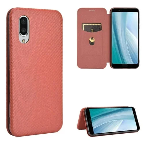 Funda Flip para Sharp Aquos Sense3 Plus Sh-Rm11 Textura Fibra de Carbono TPU + PC con Ranura (Marrón)