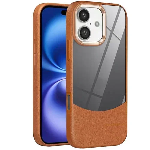 Funda híbrida Acrílico y TPU para iPhone 16 Textura de Lichi (Marrón)