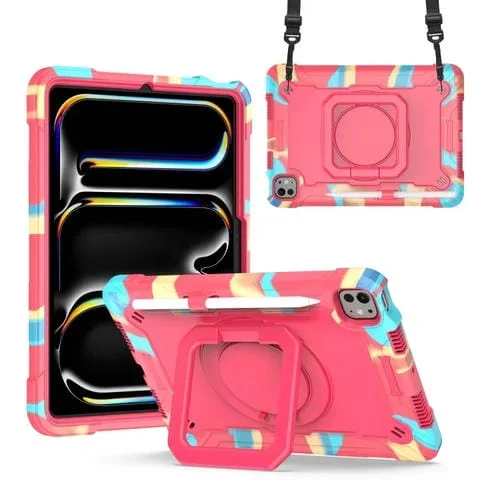 Funda híbrida de silicona para iPad Pro 11 (2024) con asa y correa (Camuflaje, Rosa y Rojo)