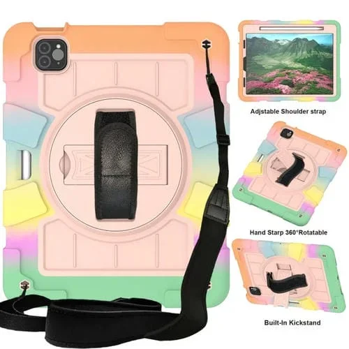 Funda híbrida para iPad Pro 11 2018/2020 silicona a prueba de golpes con correa para el hombro (Oro Colorido)