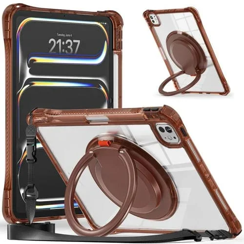 Funda Híbrida para iPad Pro 11 (2024) TPU Transparente con Asa Giratoria y Anillo (Chocolate)