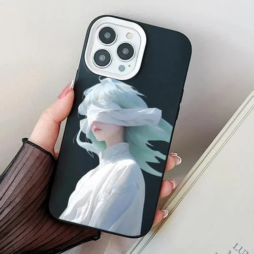 Funda híbrida para teléfono iPhone 14 Pro Max Blindfold Girl PC TPU (Negro)