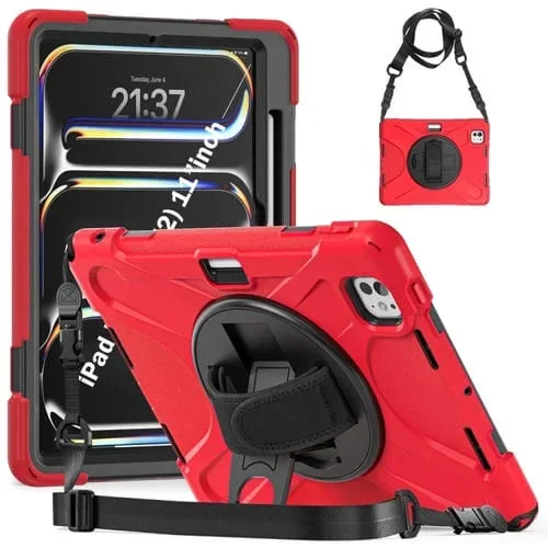 Funda híbrida Silicona para iPad Pro 11 (2024) con Soporte Giratorio y Correa para el Hombro (Roja)