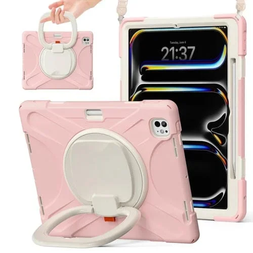 Funda híbrida silicona para iPad Pro 11 (2024) con soporte y correa para el hombro (Rosa Cerezo)
