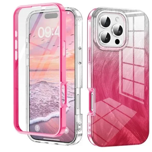 Funda híbrida TPU PC diseño plumas degradado Imd iPhone 16 Pro Max (Rosa y Rojo)