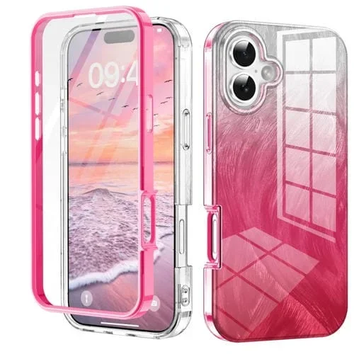 Funda híbrida TPU PC para iPhone 16 Plus con diseño de plumas y degradado Imd (Rosa Rojo)
