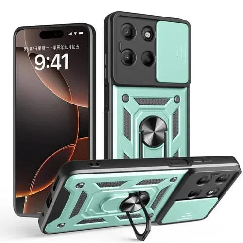 Funda híbrida TPU y PC con cubierta deslizante para cámara Motorola Moto G15 (Verde Menta)