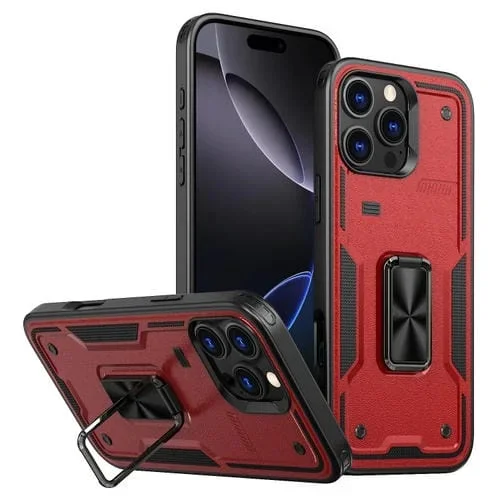 Funda híbrida TPU y PC con soporte de anillo para iPhone 16 Pro Max (Rojo)