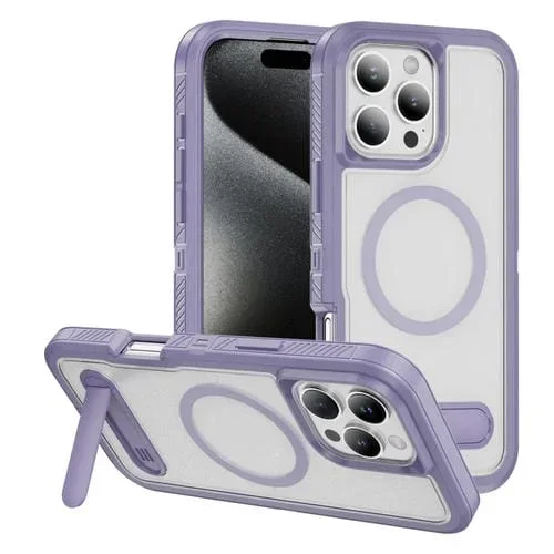 Funda híbrida TPU y PC con soporte Magsafe para iPhone 16 Pro Max (Transparente y Morada)