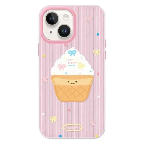 Funda híbrida TPU y PC iPhone 14 Plus Tacto Sedoso y Gelatinoso (Rosa con Lunares y Helado)