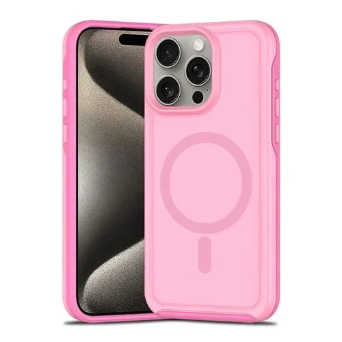 Funda híbrida TPU y PC iPhone 15 Pro Protección Magsafe Prueba de Golpes (Morado y Rosa)