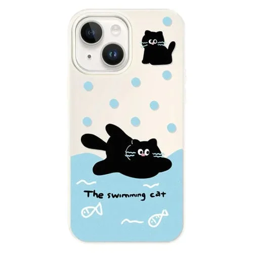 Funda híbrida TPU y PC para iPhone 15 Plus con Tacto Sedoso (Gato Negro Nadando en Blanco)