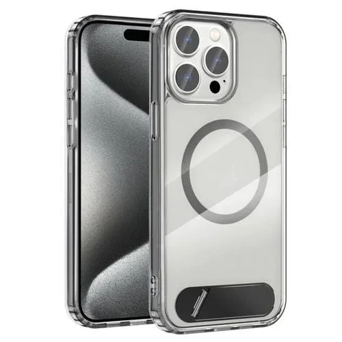 Funda híbrida TPU y PC para iPhone 15 Pro Max con Magsafe y soporte (Negro)