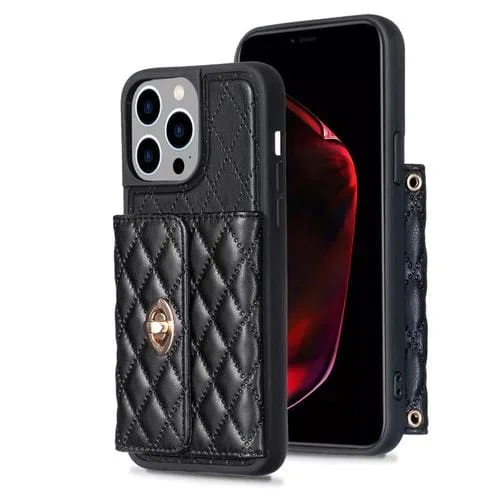 Funda Horizontal Wallet para iPhone 15 Pro Max Rhombic Cuero (Negro)