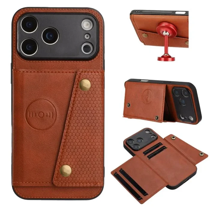 Funda magnética con doble hebilla y ranuras para tarjetas para iPhone 17 Pro Max (marrón)
