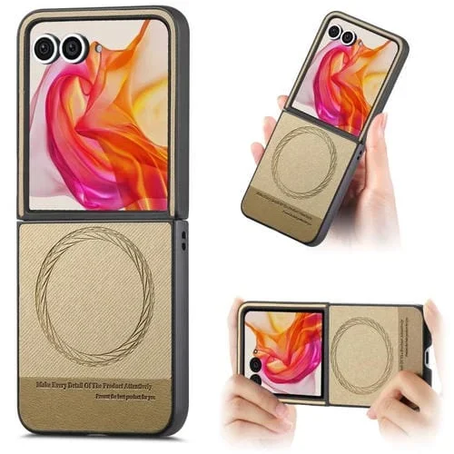 Funda Magnética de Piel y Sarga para Motorola Razr 50 (Caqui)