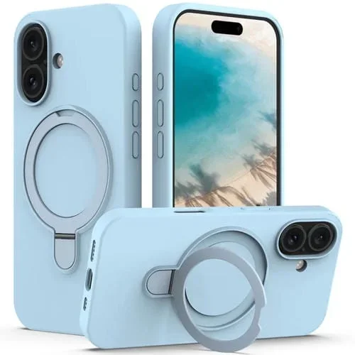 Funda Magnética de Silicona Líquida Magsafe para iPhone 16 Plus con Soporte para Anillo (Azul Cielo)