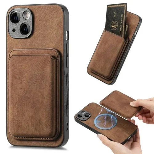 Funda Magnética para iPhone 15 con Bolsa de Tarjeta de Cuero Retro (Marrón)