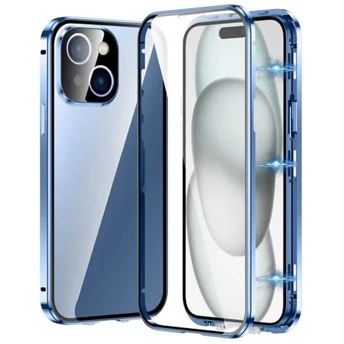 Funda Magnética para iPhone 15 Plus de Vidrio Templado HD con Doble Hebilla (Azul)